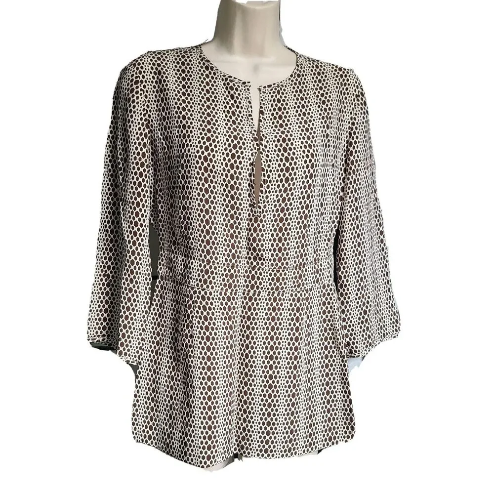 Tory Burch Womens Size 4 100% Silk Geometric Long Sleeve Blouse Tunic Brown